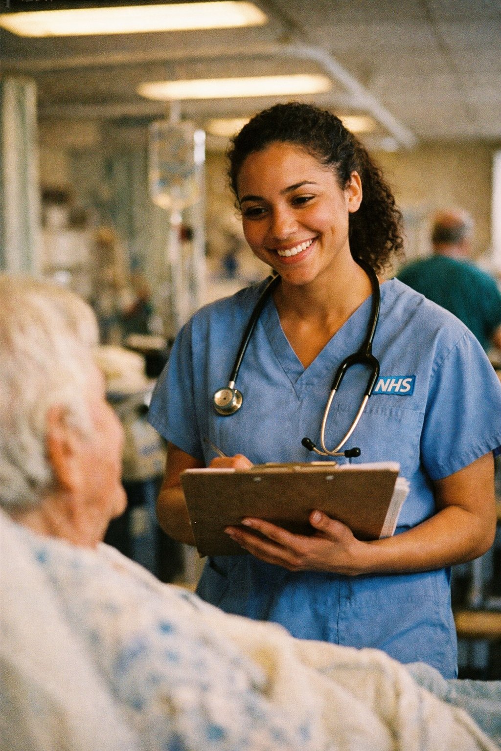 Nurse on an NHS hospital ward with a patient