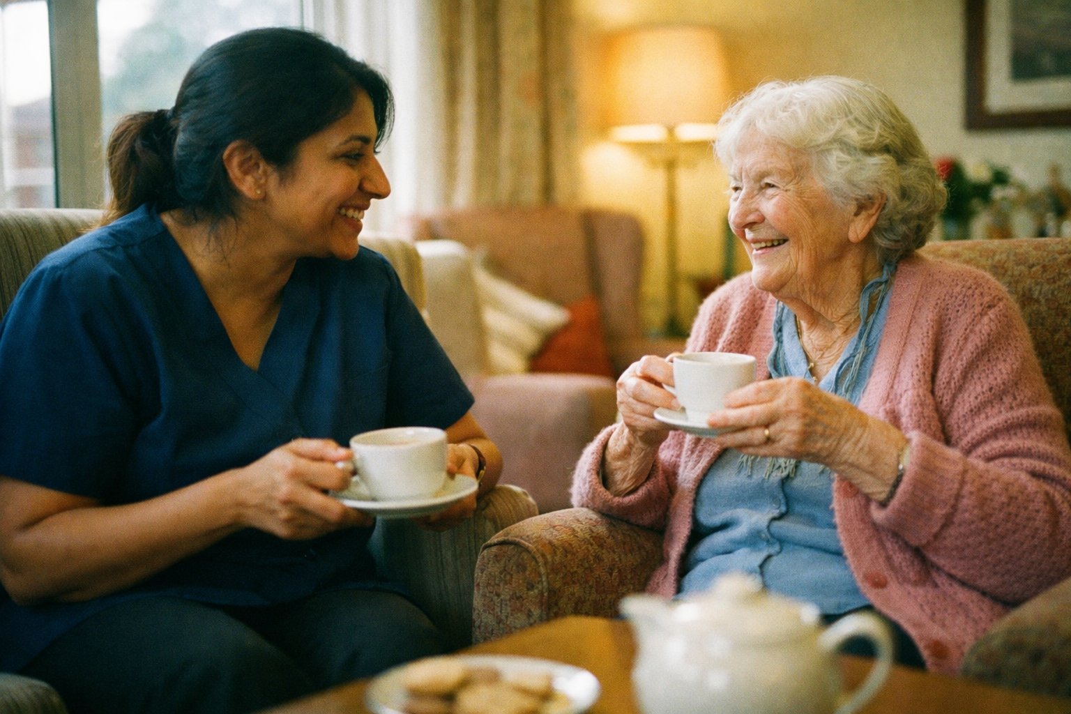 Care worker having tea with an elderly woman in her home