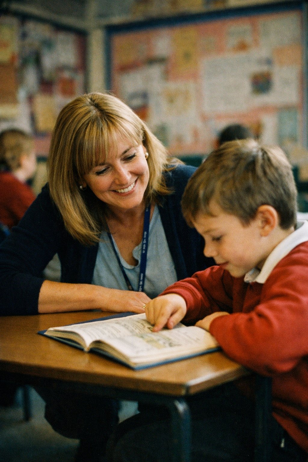 Teaching assistant helping a child read in a UK primary school