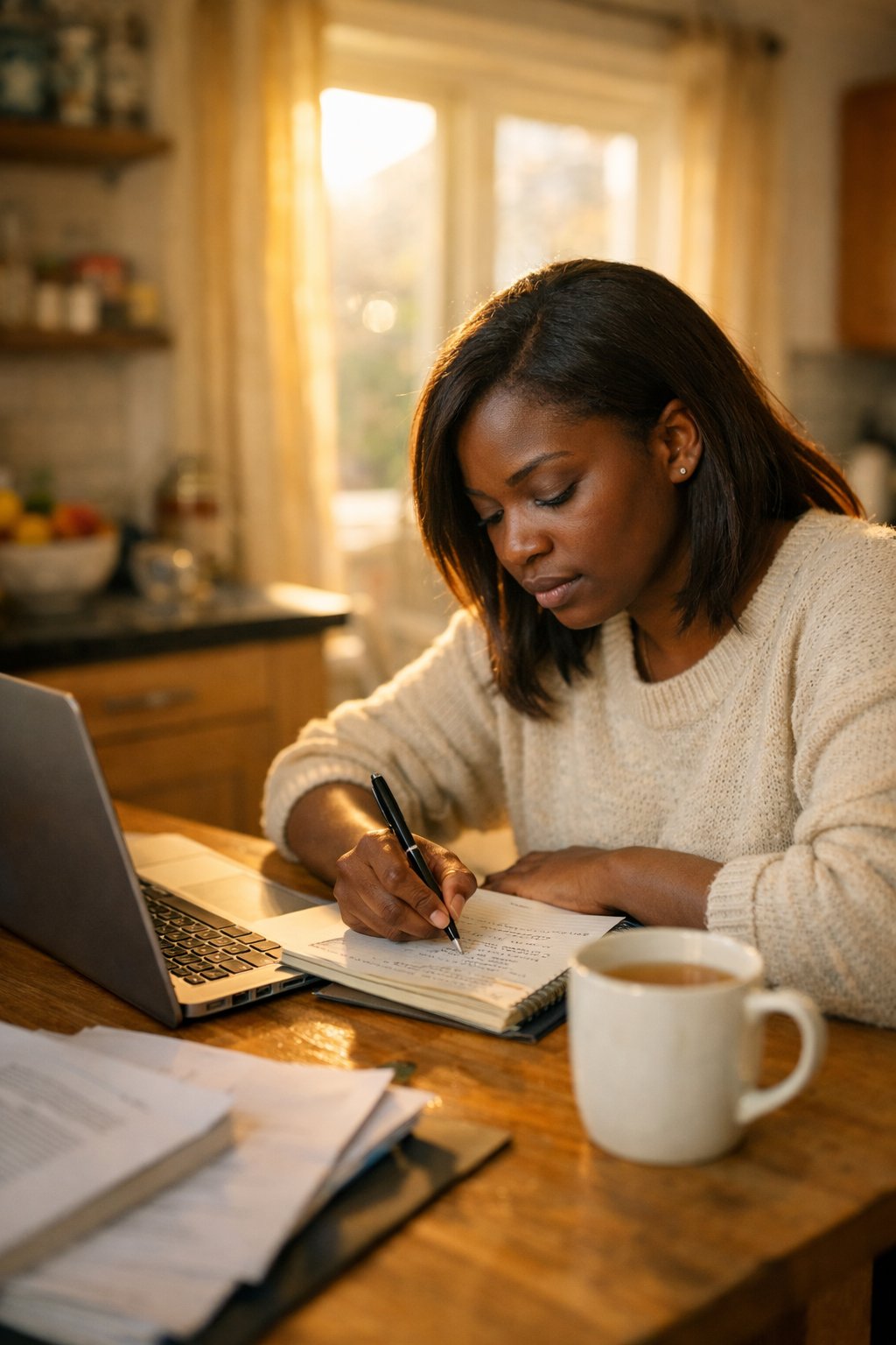 Woman studying at her kitchen table in warm golden light