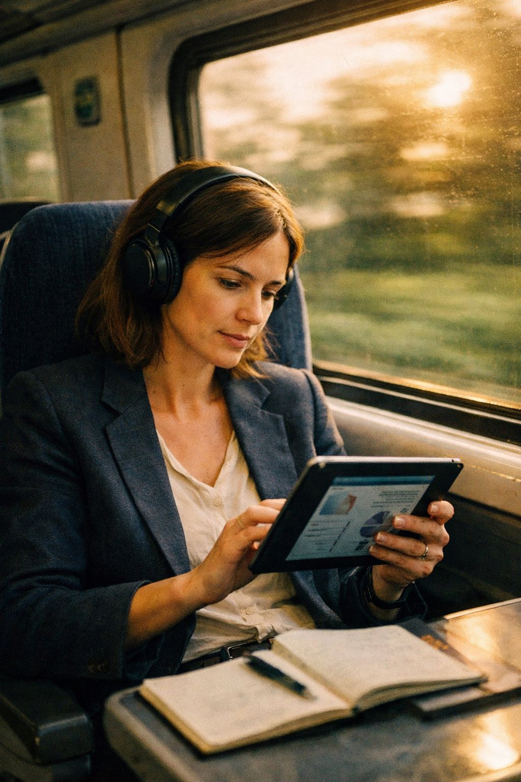 Woman studying on a train commute with her tablet